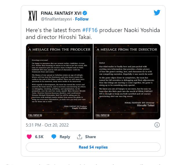 Final Fantasy 16: разработка почти завершена, новости скоро появятся. Twitter